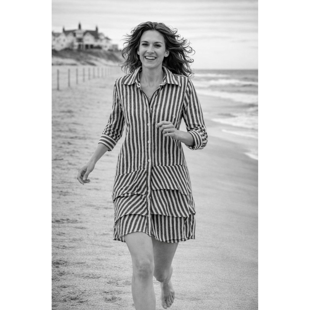 J'ENVIE The Panama Dress Women 4 Tan White Striped Seersucker Tiered Ruffle Mini